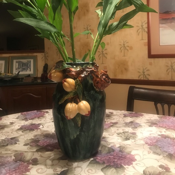 HAND CRAFTED VASE ADDED VINES AND FRUIT - Picture 2 of 16